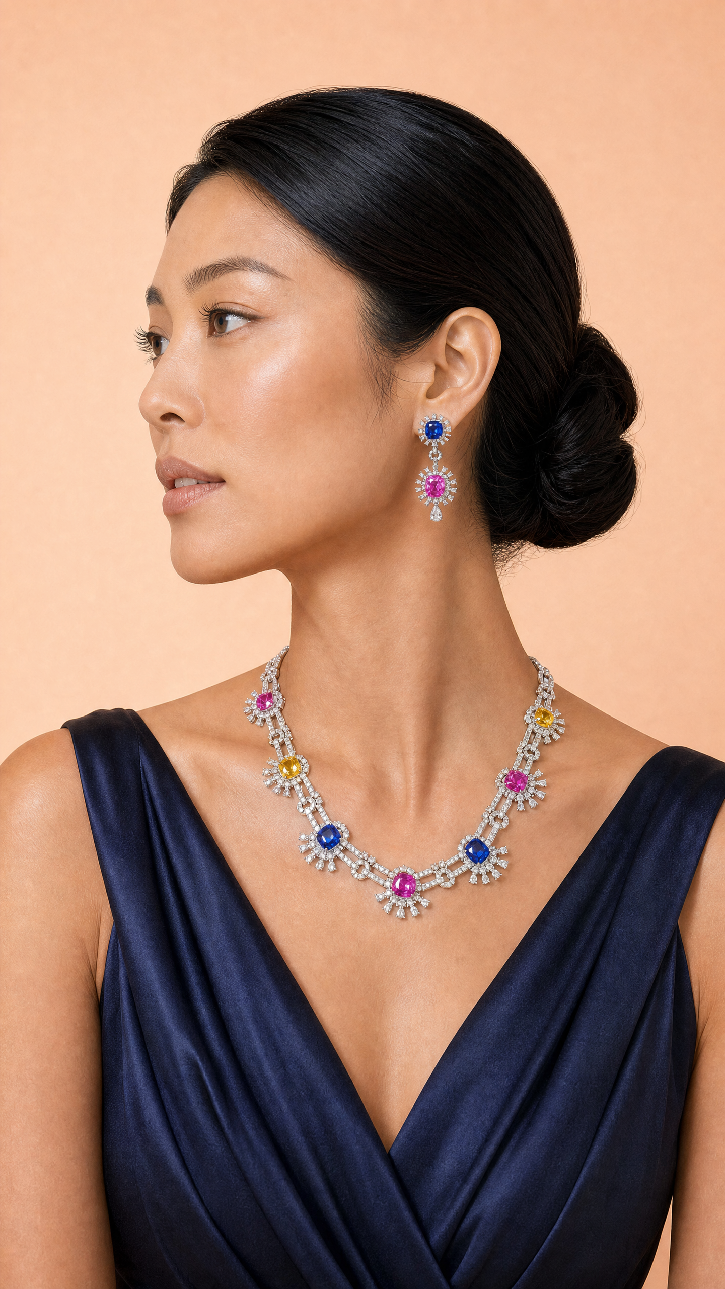 Hatta Fancy Sapphire Diamond Parure Side Profile