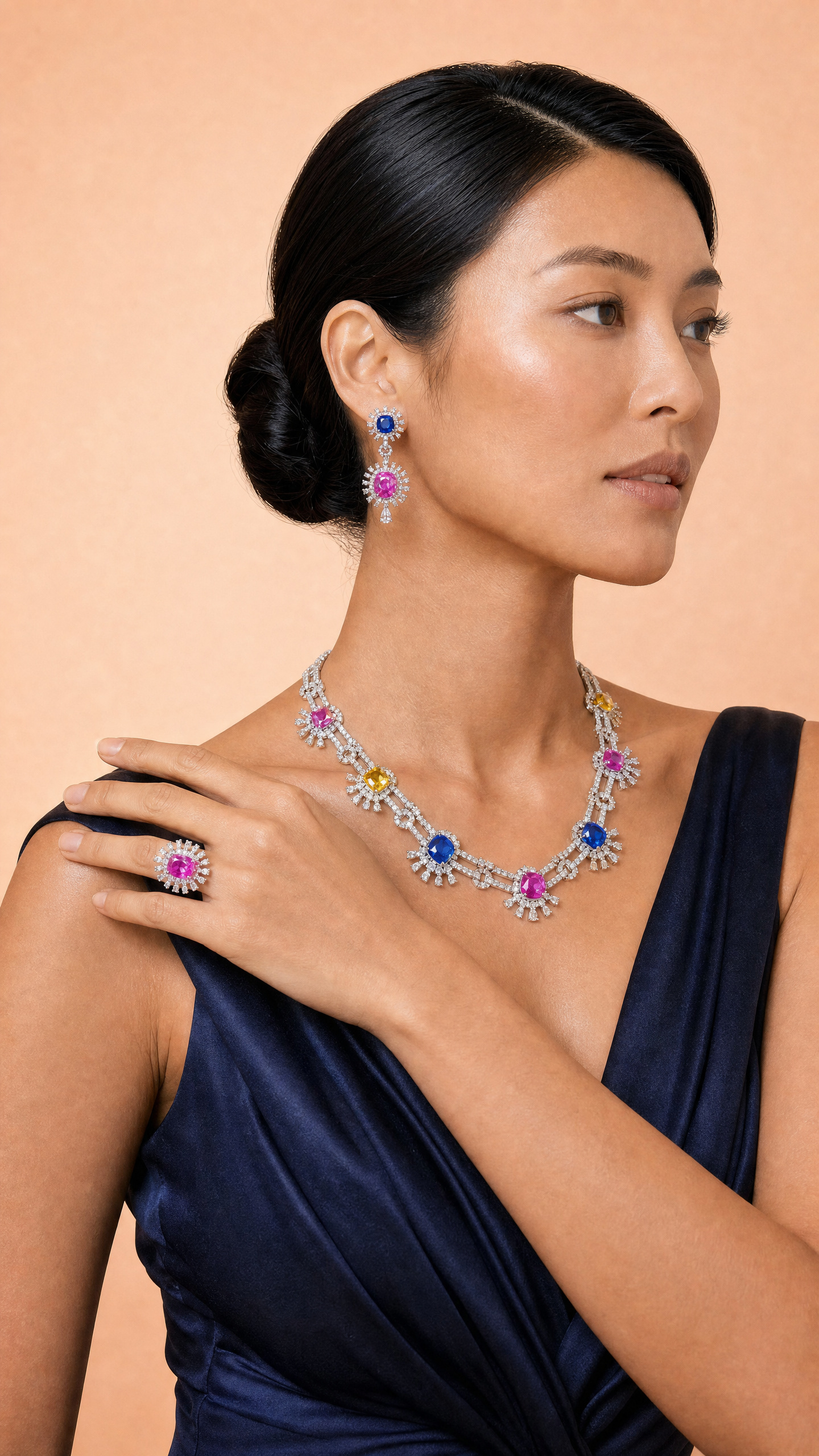 Model wearing The Sapphire Parure, shoulder view