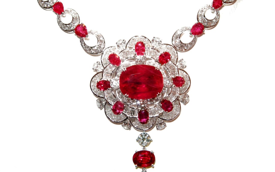 Vintage Cabochor Burma Ruby Necklace | Ruby and Diamond set | Fiery Ruby | Burma Ruby | Diamond Suite 18K WG Ruby and Diamond Necklace