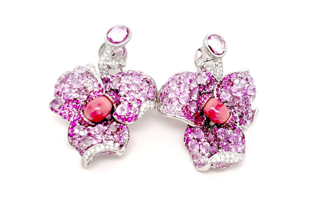 Conch Pearl and Pink Sapphires Flower Earrings