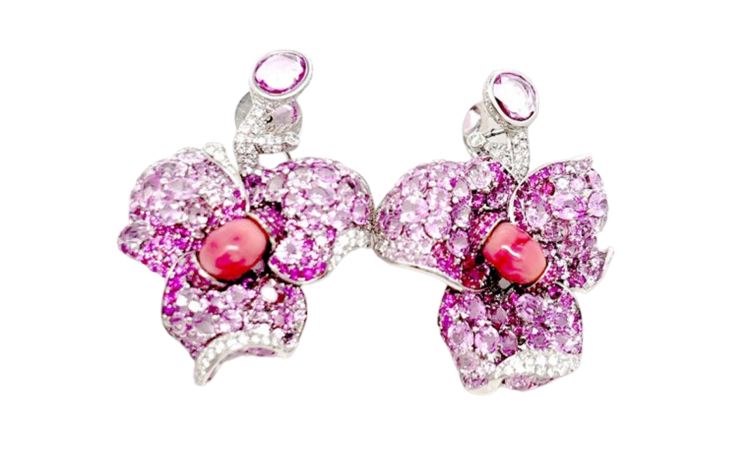 Conch Pearl and Pink Sapphires Flower Earrings
