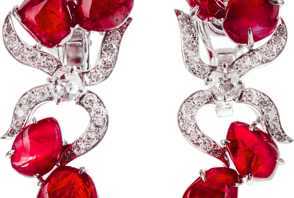 Vintage Cabochor Ruby and Diamond Earrings by Hatta