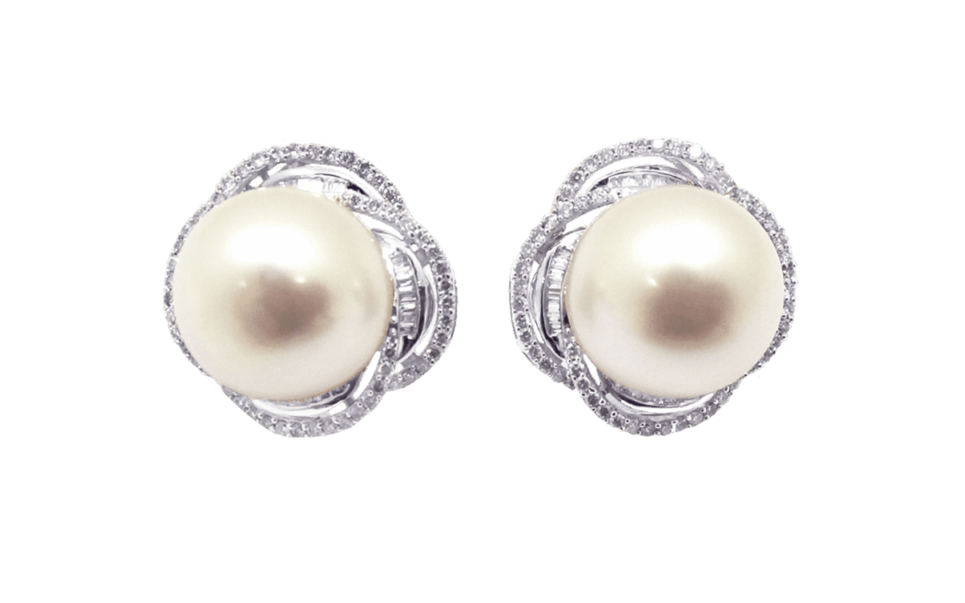White South Sea Pearl Diamond Earrings by Hatta