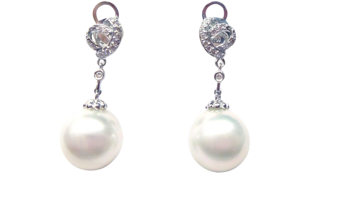 White South Sea Pearl Diamond Earrings by Hatta
